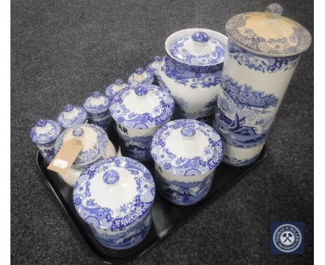 Spode blue and white china - twelve assorted storage and spice jars 
