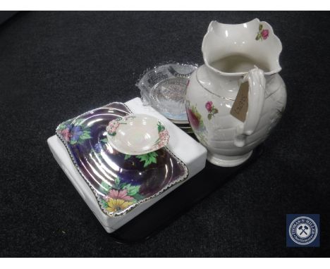 A tray of assorted collector's plates, antique pottery wash jug, Edward VII commemorative glass plate, Maling trinket tray et