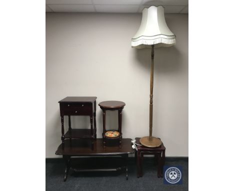 A mahogany effect coffee table, nest two tables, side table, occasional table and a standard lamp with shade 