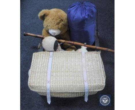 A box of mid 20th century dolls, teddy bears, sleeping bag, bamboo walking stick and set of graduated wicker baskets 