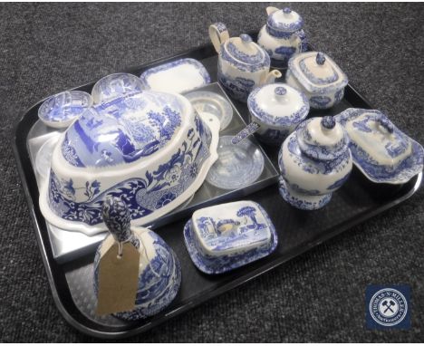 Spode blue and white china - miniature teapot, coffee pot, hand bell, jelly mould etc 