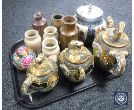 A tray of six antique bottles, Victorian biscuit barrel, two Japanese style teapots and sugar basin and a ginger jar 