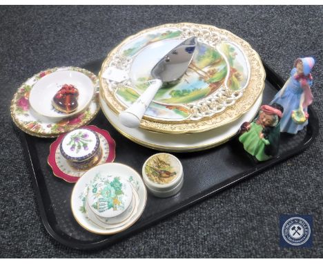 A tray of Royal Worcester cake plate and slice, cabinet plates, two Royal Doulton figures; Sairey Gamp and Wendy HN 2109, pil