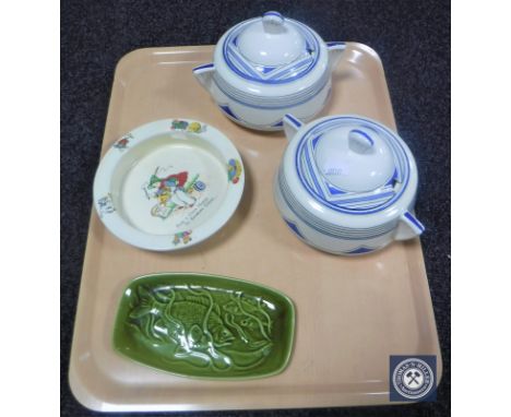 A Beswick baby bowl, two Minton Art Deco tureens and a shallow Poole fish dish 