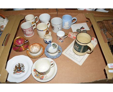 BOX OF CERAMICS INCLUDING ROYAL COMMEMORATIVE WARES, CUPS AND SAUCERS, JUBILEE MEDALS ETC INC KING EDWARD VIII PAMPHLET  "WHY