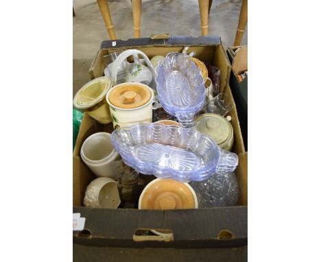 BOX CONTAINING KITCHEN AND CERAMIC WARES, BELLS WHISKY BOTTLE, BRIXHAM POTTERY KITCHEN JARS ETC