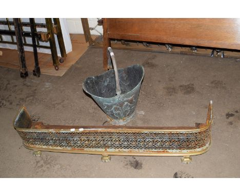 VINTAGE COAL BUCKET, TOTAL HEIGHT INC HANDLE APPROX 48CM, TOGETHER WITH AN ORNATE FIRE KERB, LENGTH APPROX 120CM