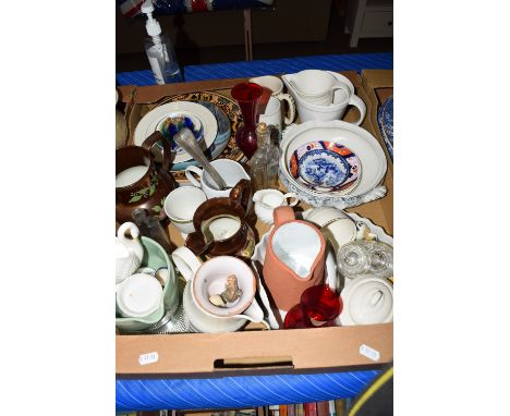 BOX OF HOUSEHOLD CERAMICS INCLUDING ROYAL COMMEMORATIVE WARES, VINTAGE BOTTLES ETC