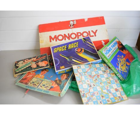 BAG OF VARIOUS VINTAGE GAMES INCLUDING MONOPOLY, SPACE RACE, HOME FARM, JIGSAW ETC