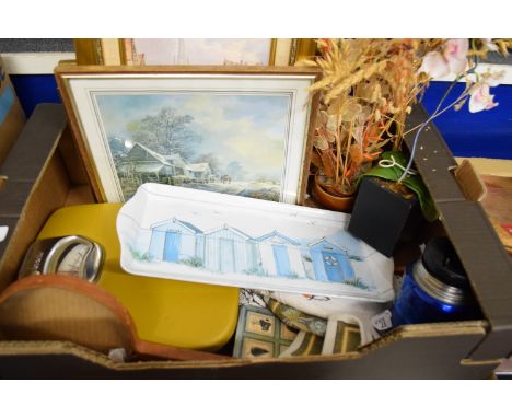 BOX CONTAINING VARIOUS CLEARANCE ITEMS, INCLUDING FRAMED PRINTS, BATHROOM SCALES ETC