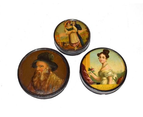 Three papier mache boxes, each circular, the pull off cover of one with a portrait of a young Queen Victoria; another painted