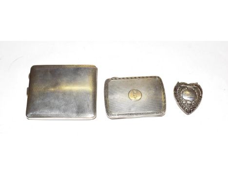 A silver cigarette case, W.N. Ltd, Birmingham 1928; with another; and a silver heart-shaped compact, Birmingham, 1898 (3)