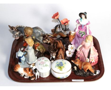 A small group of ceramics including; Goebel figure, Coalport figure, Royal Doulton figure and model, Royal Worcester dishes, 