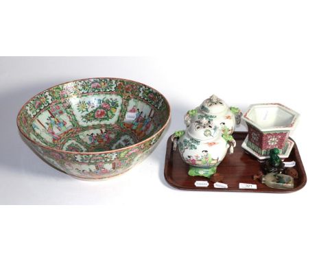 Chinese ceramics including a pair of twin ring-handled vases and covers, plant pot, a Canton famille rose punch bowl and othe
