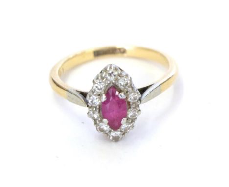 A ruby and diamond cluster ring, the marquise cut ruby within a border of eight-cut diamonds in white claw settings, to a yel