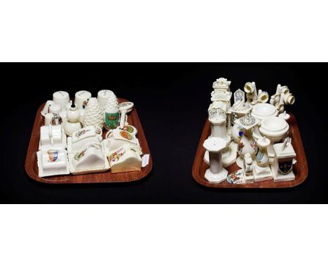 Crested china to include thimbles, cheese dishes, sun dials, stick telephones, long case clocks etc (approximately 43)