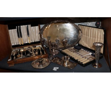 A silver salt with pierced rim, together with various plated wares including candelabra, chamber stick, tray, canteens of fla