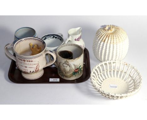 A group of 19th/20th century ceramics including a reproduction twin-handled frog cup 'Peter Bates 1802', three transfer print