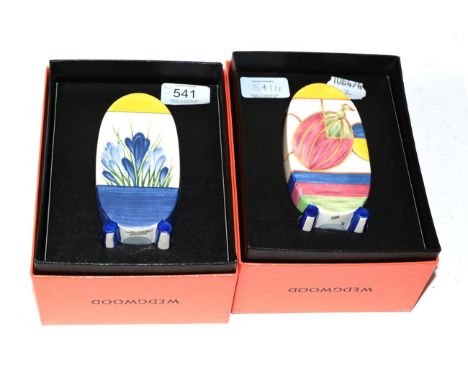 Two Wedgwood Clarice Cliff 'Bizarre' sugar shakers, in Pastel Melon &amp; Blue Crocus patterns, boxed with certificates (2)