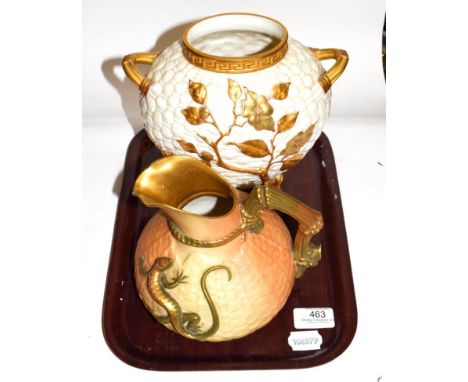 A Royal Worcester twin-handled vase, 20cm high, together with a Royal Worcester jug, applied with a lizard, model no 1714, 15