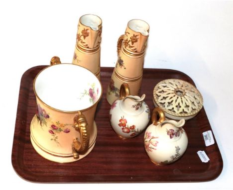 A Royal Worcester Blush ivory loving cup, two pairs of Royal Worcester blush ivory jugs, and a Locke &amp; Co Worcester blush