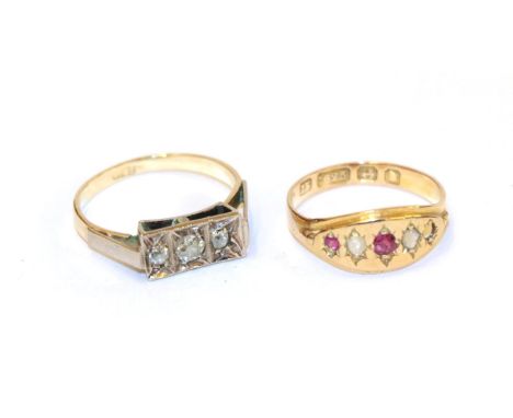 A diamond three stone ring, the old cut diamonds in white claw settings, to a yellow tapered shoulder plain polished shank, t
