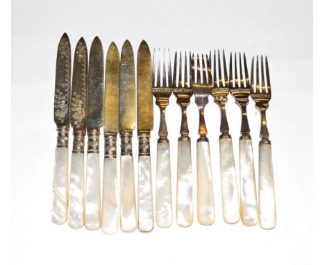 A set of six Edward VII silver and mother-of-pearl fish-knives and a set of six silver plate mounted fish forks, the knives b