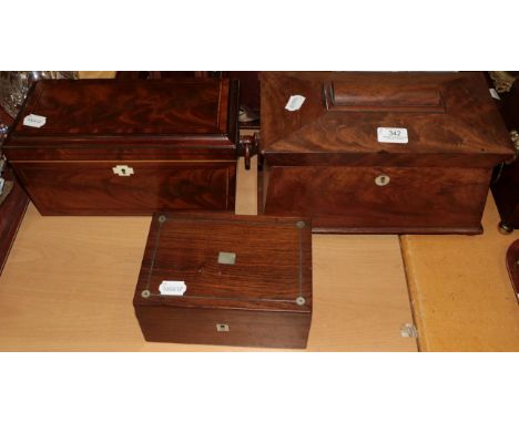 A Regency sarcophagus topped tea caddy, another Regency box wood inlaid tea caddy, together with a 19th century rosewood box 