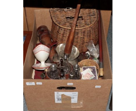 A group of miscellaneous items - including cruet stand and bottles, whicker fishing creel, a four drawer telescope (a.f.), a 