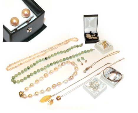 A baroque pearl necklace, length 44cm; an opal pendant; silver filigree butterfly brooch and earrings; a quartz necklace and 