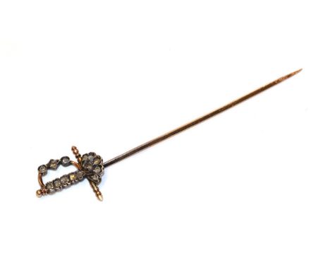 A French diamond sword stickpin, the hilt set throughout with rose cut diamonds, in white claw settings, total estimated diam