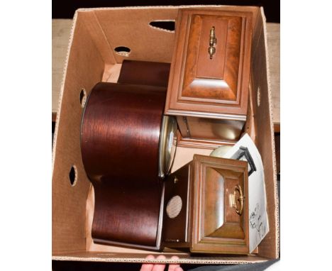 Two mahogany veneered caddy top mantle clocks together with an earlier dome topped example (3)