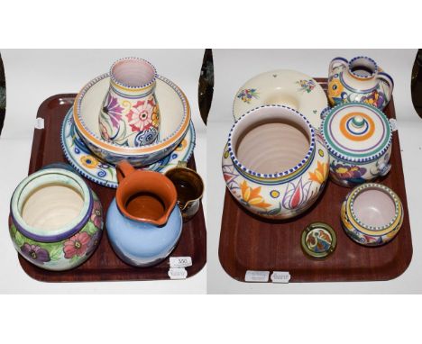 A quantity of Poole pottery, including vases, bowls, jugs, etc (on two trays)