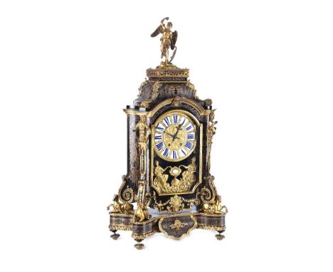 VICTORIAN EBONISED BOULLE BRACKET CLOCK WITH GILT METAL MOUNTS & A GILT METAL FIGURE SURMOUNT WITH A BRASS & ENAMEL DIAL OF 9