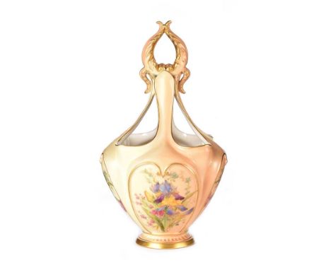 ROYAL WORCESTER SHAPED BASKET.WILD FLOWER DESIGN.RAISED ON A CIRCULAR FOOT BASE.HEIGHT: 10 INCHES.IN GOOD CONDITION.