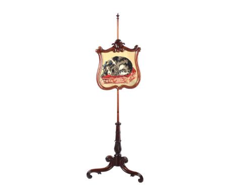 VICTORIAN MAHOGANY SHIELD SHAPED TAPESTRY POLE SCREEN  WITH TURNED COLUMN.RAISED ON THREE SCROLLED LEGS. HEIGHT: 71 INCHES.WI