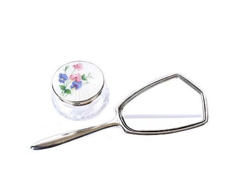 GUILLOCHE ENAMEL POWDER BOWL "SWEET PEA" & GUILLOCHE ENAMEL HAND MIRROR "PASSION FLOWER". BOWL:HEIGHT: 2¼ INCHES.DIAMETER: 3 