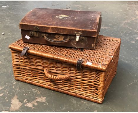 A wicker Fortnum &amp; Mason picnic hamper, 52cmW; together with a small leather gents overnight case (af) 