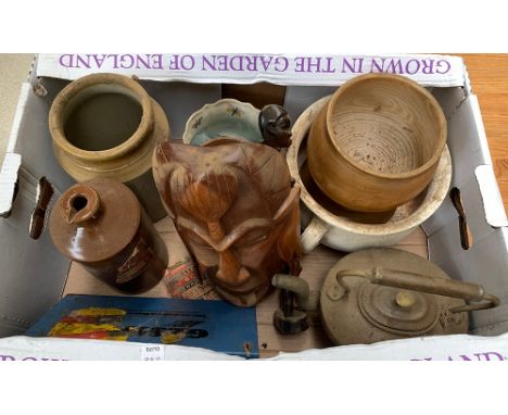 A mixed lot to include several stoneware jars, ceramic chamber pot; tribal carved mask; copper kettle etc 