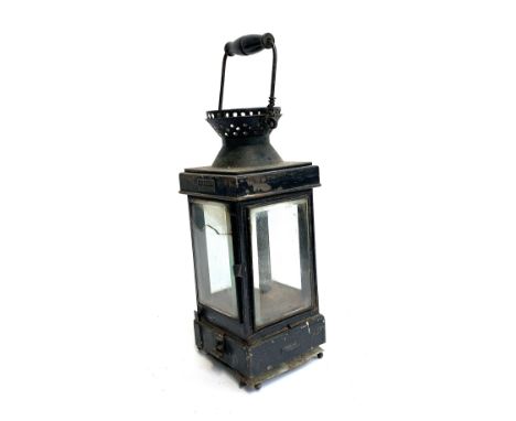 A Victorian campaign lamp by J C &amp; W Lord, Birmingham, with bevelled glass (one panel cracked), 49cmH 