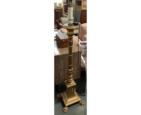 A giltwood standard lamp, with column on square stepped base and pad feet, 140cmH 