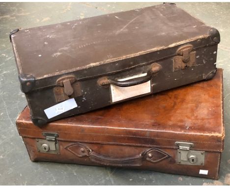 A vintage leather suitcase, 61cmW; together with another vintage suitcase 