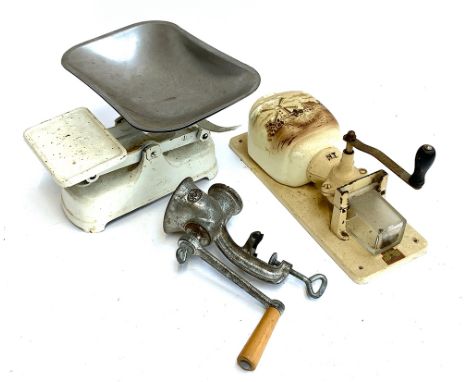 A Trosser Dutch enamel coffee grinder, vintage kitchen scales 