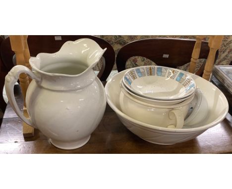 A white ceramic washbowl, 39cmD, and jug; with a shaving bowl, chamber pot and two bowls 