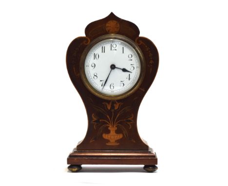 An Edwardian mahogany and marquetry balloon cased mantel clock, Arabic numerals to white enamel dial, with outer minutes, inl