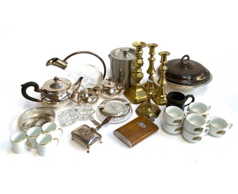 A mixed lot of plated and other items to include ashtray, tureen, several brass candlesticks, pewter tankard, three pieces pl