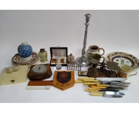 A mixed lot to include onyx desk lighter, set of scales, cased set of 6 solingen teaspoons, silver plated toast rack, candles