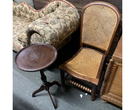 A small mahogany wine table with dished top, 60cmH; together with a caned occasional chair on bobbin turned legs 