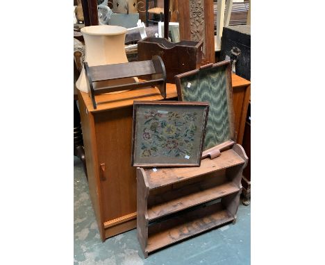 A mixed lot to include several trays; floral carved panel; wall shelf etc 