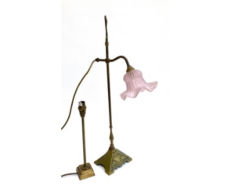 A brass art nouveau table lamp with pink glass shade, together with a small brass table lamp 